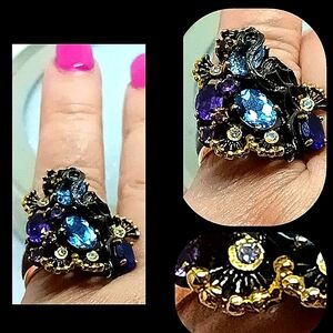 Amethyst,Topaz,Tourmaline Peacock Ring in SS, Black Rhodium NWOTs